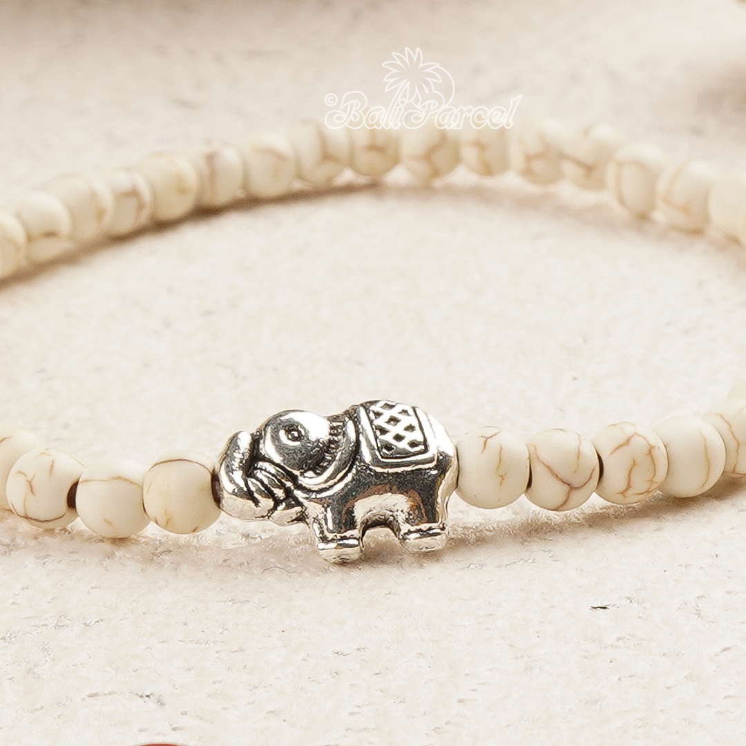 Cream Stone Bracelet With Elephant