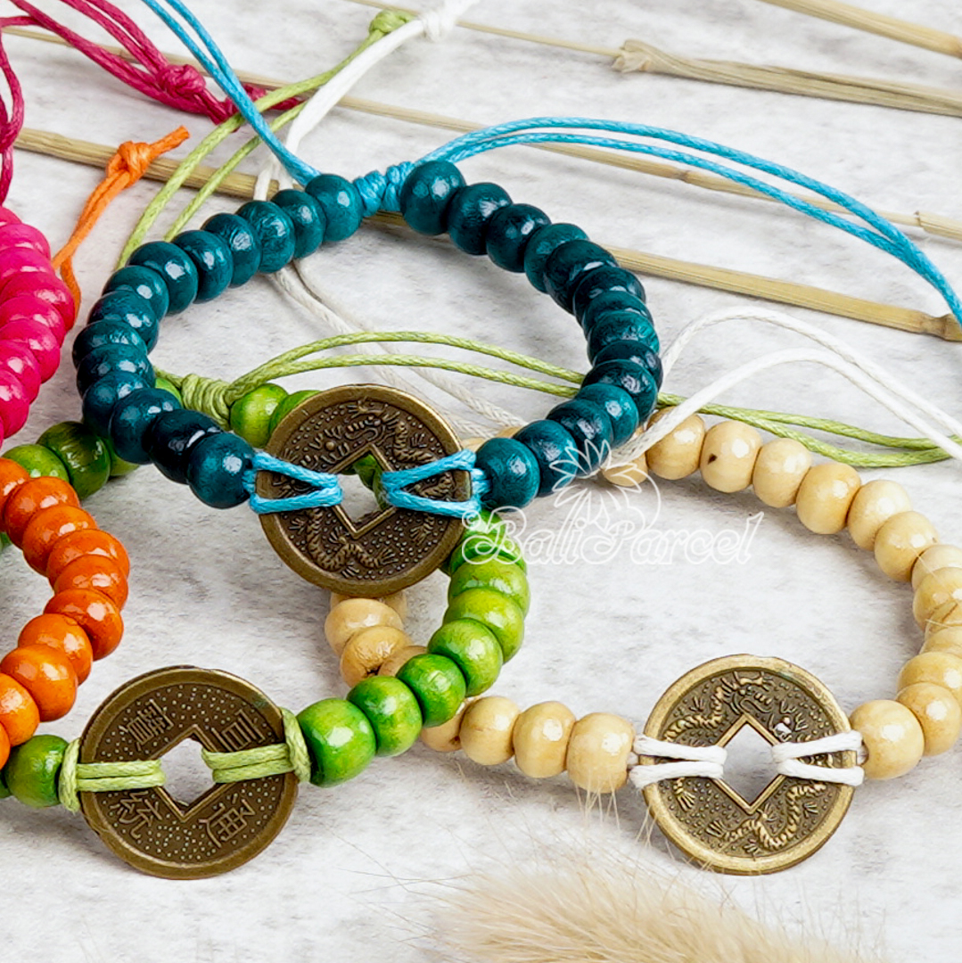 Bracelet Wood With Chinese Coin